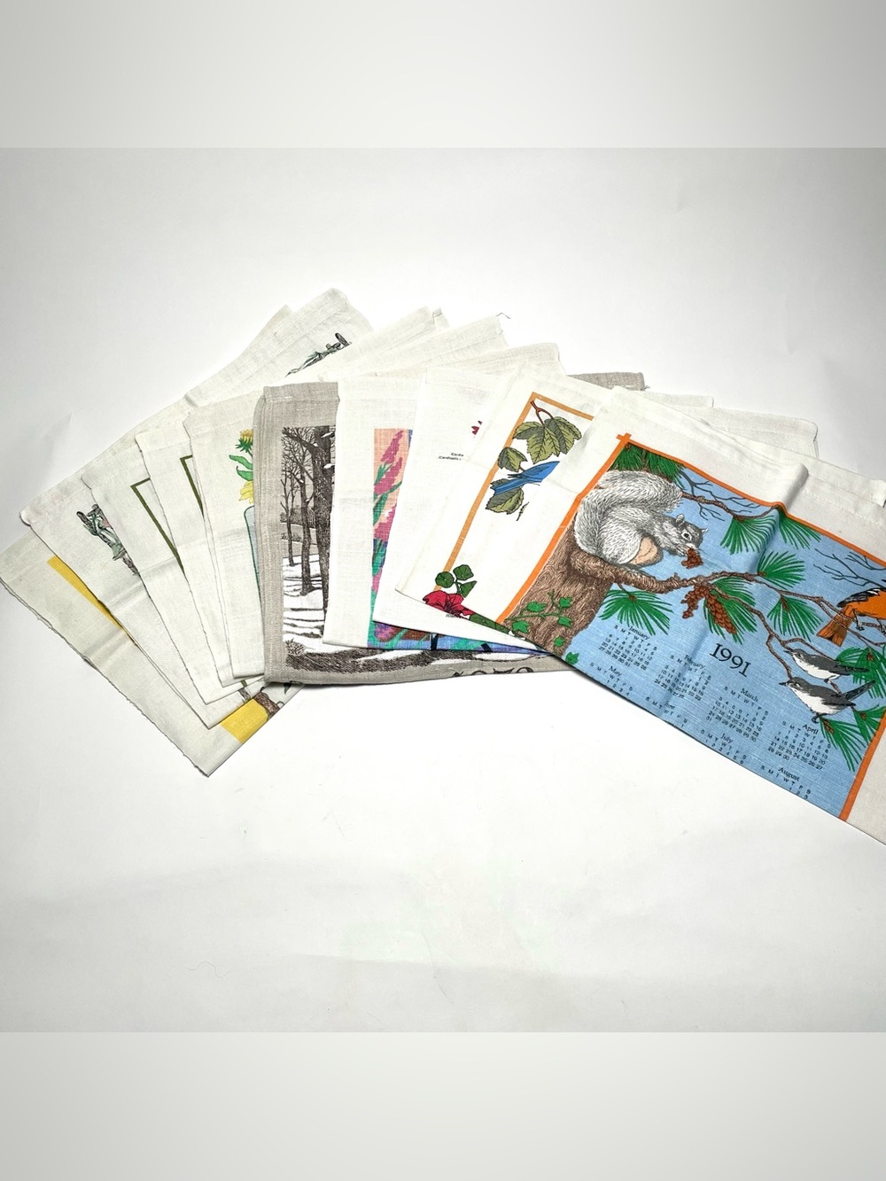 Lot of 10 Vintage Calendar Tea Towels 1970s, 80’s 90’s, Flowers, Birds, Bridge